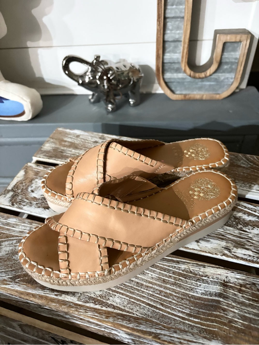 Vince Camuto Tan Leather Slide Sandals with Stitched Trim